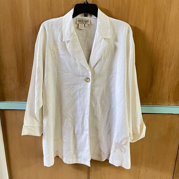 David Dart Linen Blazer Tunic M Oversized Butterfly Embroidery MOP Button - Picture 1 of 14
